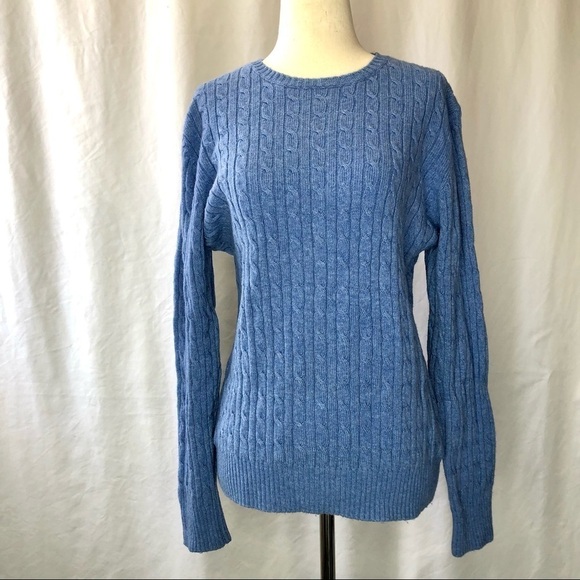 L.L. Bean vintage cornflower blue cable knit sweater crew neck long sleeves wool - Picture 1 of 7